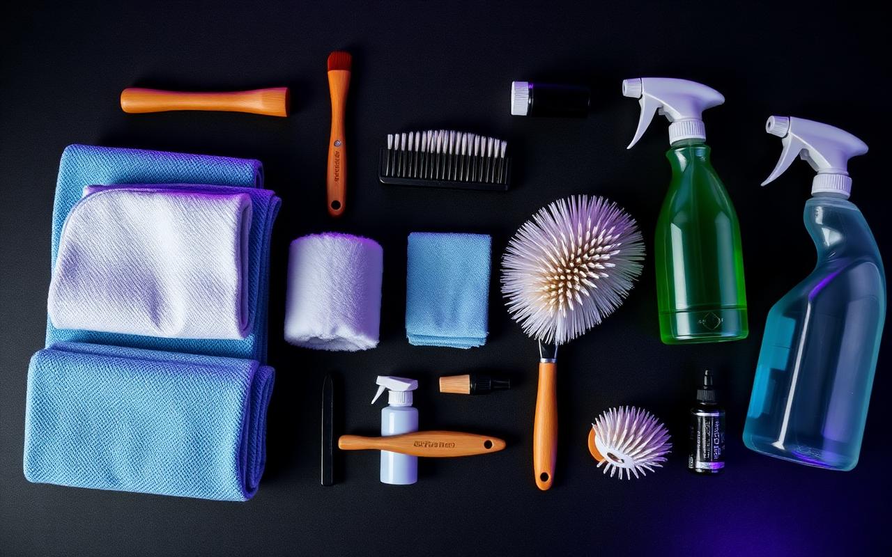 Detailing kit flatlay: microfibers, brushes, and spray bottles on a dark surface