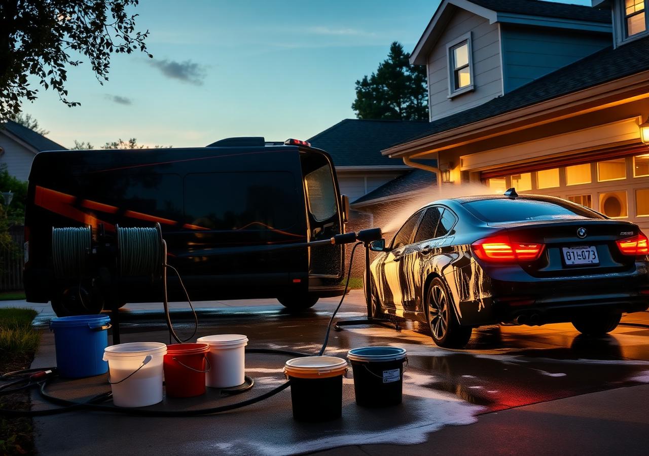 Detailer setting up gear in a residential driveway at sunset