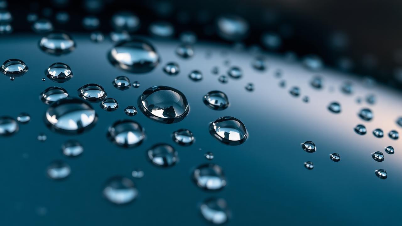 Macro of water beading tight on a ceramic-coated paint surface