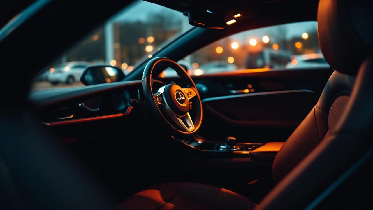 Immaculate leather interior, showing seams and steering wheel detail