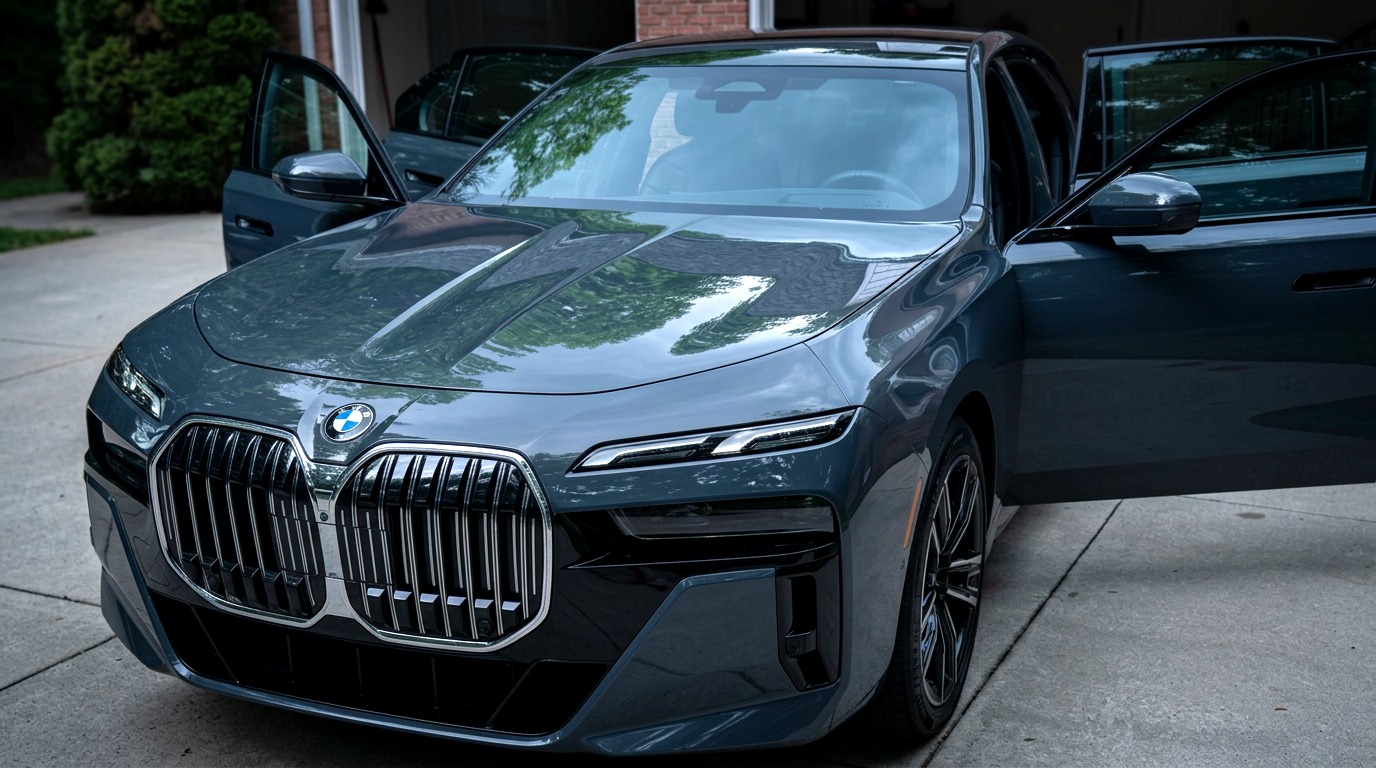 Freshly detailed dark gray BMW 7 Series in a Salisbury driveway